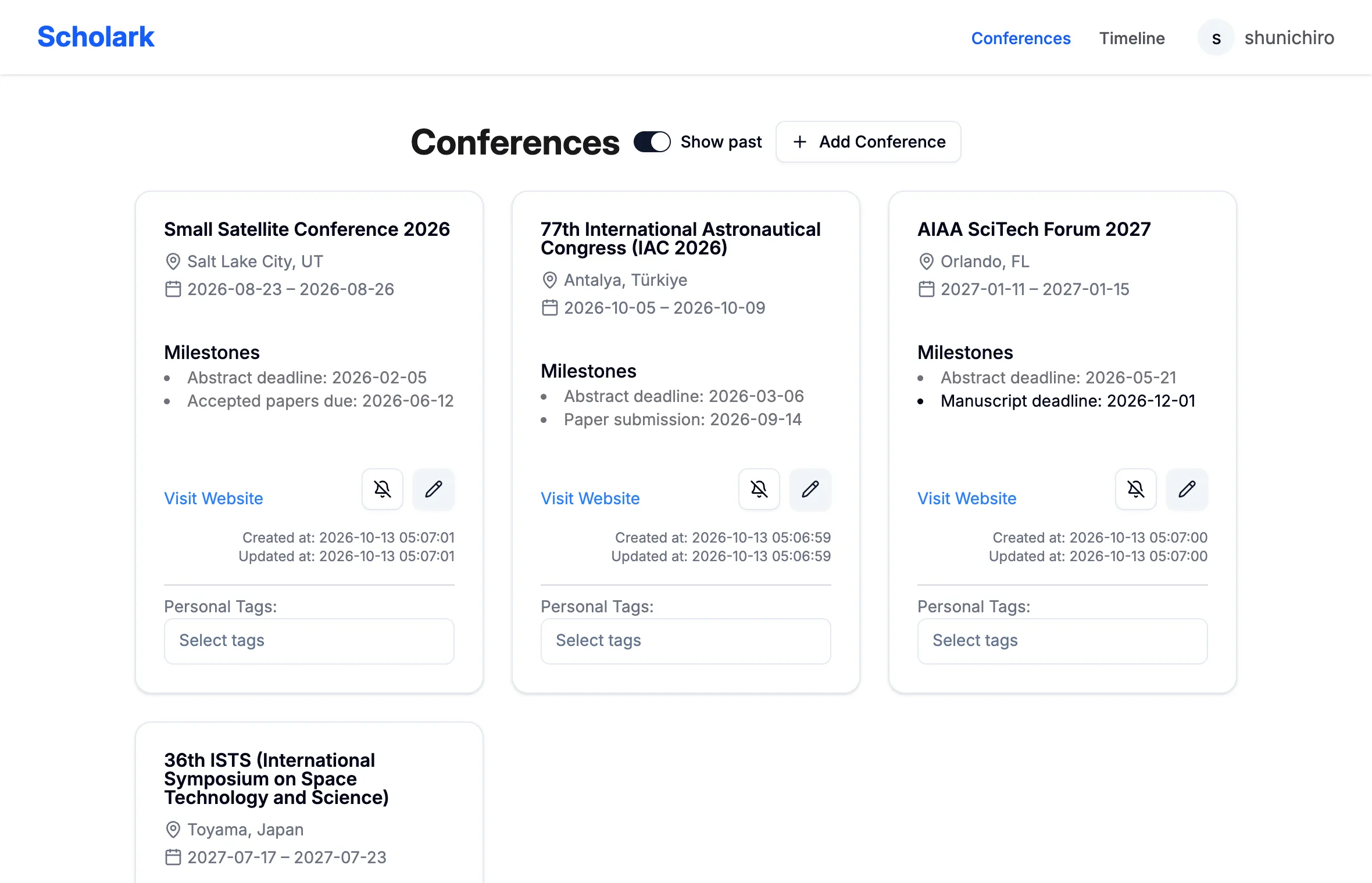 Scholark's Conferences page, with cards for the Small Satellite Conference 2026, IAC 2026, AIAA SciTech Forum 2027 and the 36th ISTS, each showing location, dates, milestones (abstract and paper deadlines), a website link and personal tags