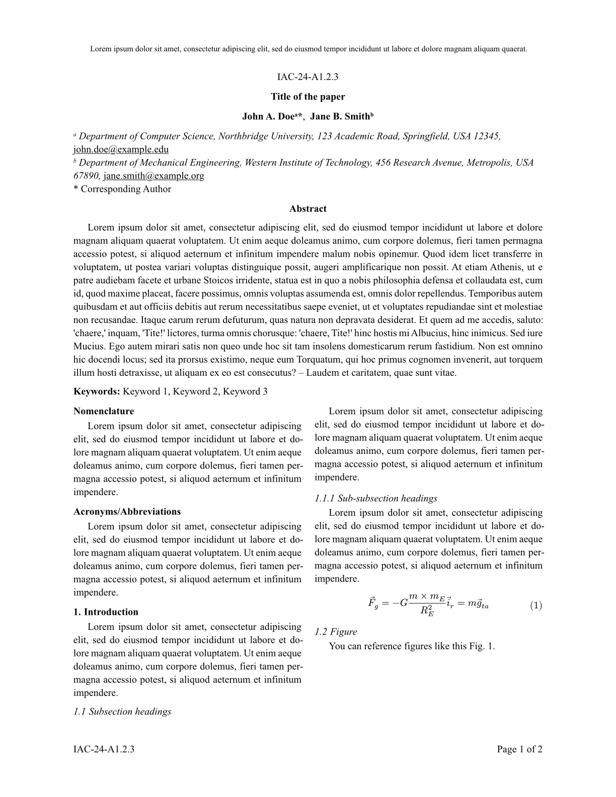 First page of an IAC manuscript typeset with the stellar-iac template: paper code IAC-24-A1.2.3, title, authors with affiliations, abstract and keywords in one column, followed by two-column body text with Nomenclature, Acronyms/Abbreviations, 1. Introduction, sub-headings and a numbered equation.